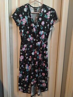 Kristin Nicole Floral Faux Wrap Dress | High-Low Hem | Black, Pink & Blue |